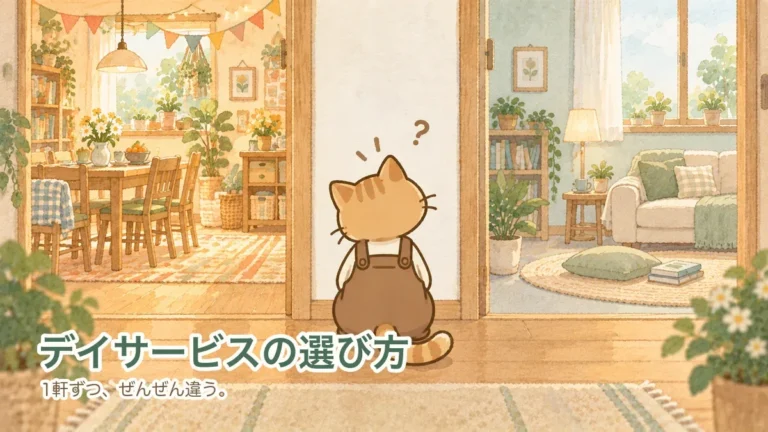 2つの部屋のあいだで、どちらに行こうか迷っている茶とらの猫のイラスト